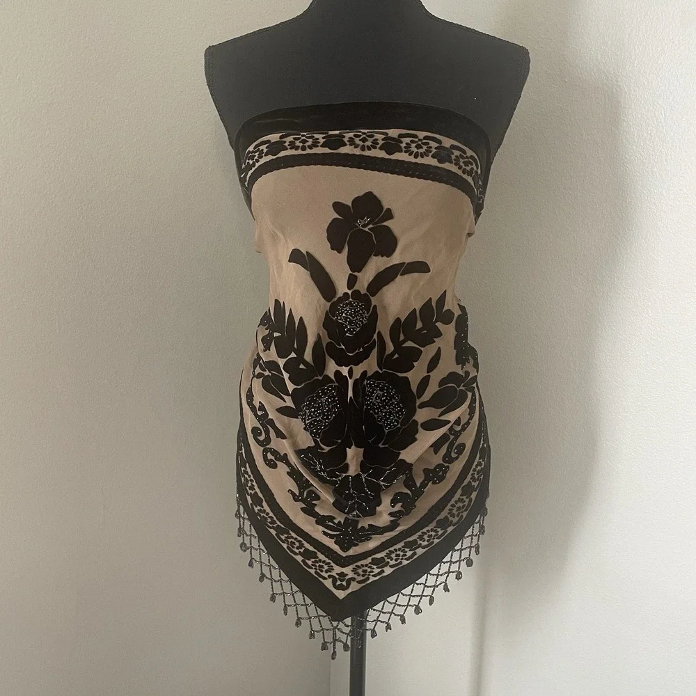 Silk Velvet Burnout Devore Triangle Shawl Scarf Wrap Beaded Fringe Floral Boho